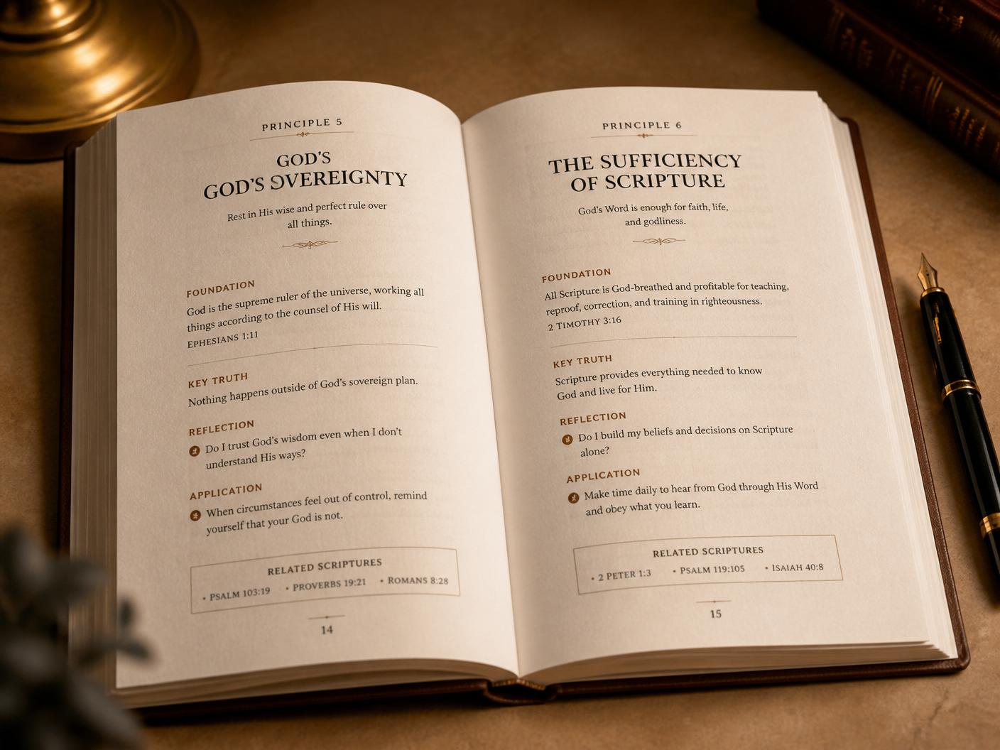 Two typeset interior pages of The Sertillanges Vault showing a distilled principle with foundation, reflection, and application