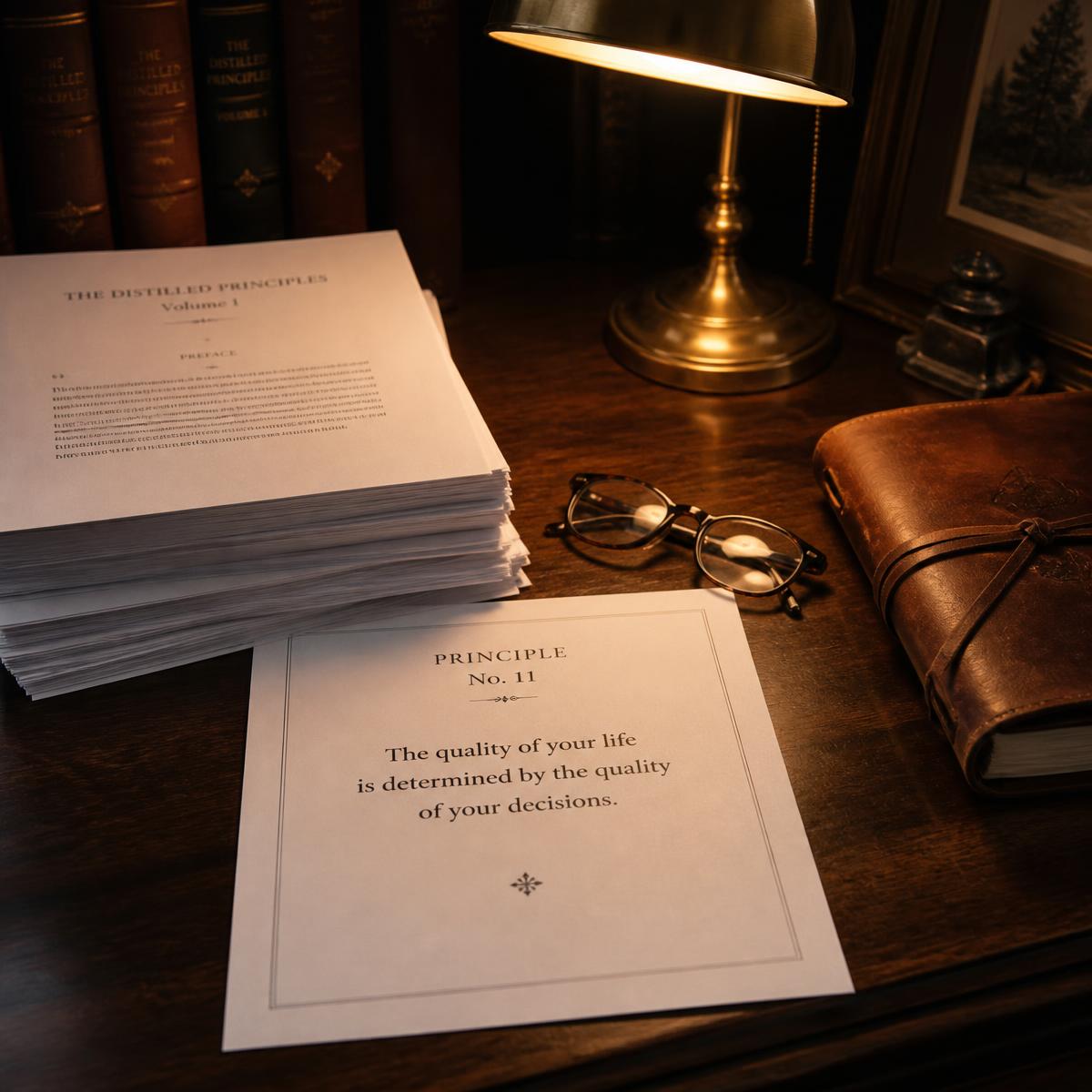 A printed principle card from The Sertillanges Vault under warm lamplight beside reading glasses and a leather journal